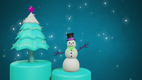 Animation-of-christmas-tree-and-snowman-over-snow-falling-on-blue-background