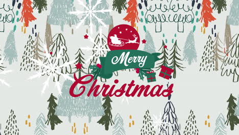Animation-Von-Schneeflocken,-Frohe-Weihnachten-Text,-Geschmückter-Baum,-Weihnachtsmann-Mit-Schlitten,-Zeichnung-Von-Bäumen