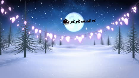 Animation-of-lights,-snow-fall,-trees-on-snow-covered-land,-santa-riding-sleigh,-moon-in-sky