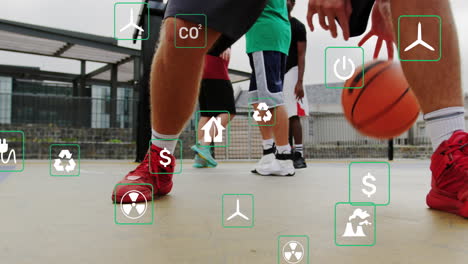 Animation-of-multiple-icons-over-diverse-people-practicing-basketball-in-outdoor-court