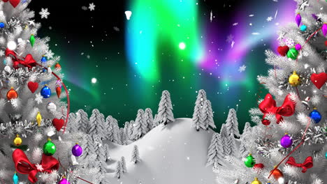 Animation-of-snow-falling-and-aurora-borealis-in-christmas-trees-winter-scenery-background