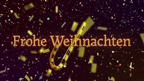 Animation-of-frohe-wihnachten-text-over-candy-cane-and-confetti-falling-on-black-background