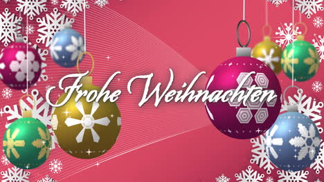 Animation-of-frohe-weinhnachten-text-over-and-christmas-baubles-on-pink-background