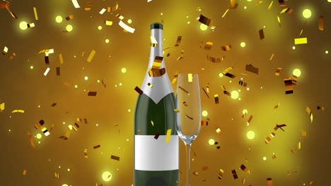 Animation-of-confetti-falling-over-glass-and-bottle-of-champagne-on-yellow-background