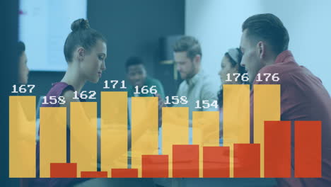 Animation-of-graphs-with-changing-numbers,-diverse-coworkers-discussing-reports-in-office