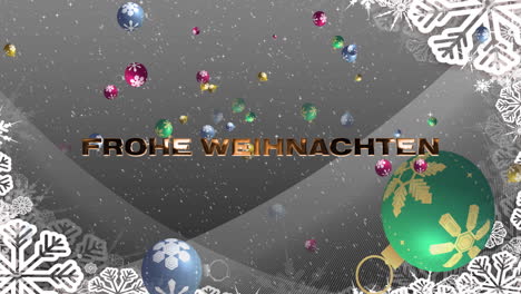 Animation-of-frohe-weihnachten-text-and-christmas-bauble-on-grey-background