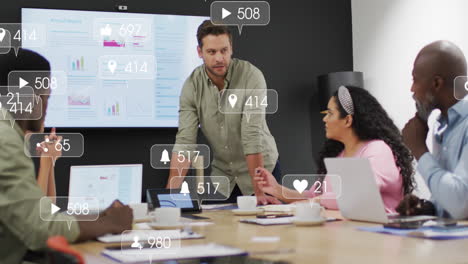 Animation-of-notification-bars-over-diverse-man-explaining-reports-to-coworkers-on-big-screen