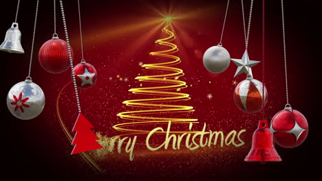 Animation-Von-Weihnachtskugeln-Dekorationen-über-Weihnachtsbaum-Auf-Rotem-Hintergrund