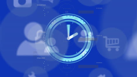 Animation-of-digital-clock-and-multiple-icons-over-blue-background
