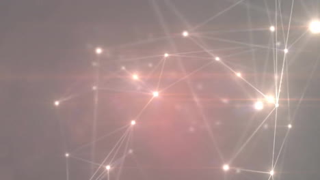 Animation-of-dots-connected-with-lines-and-moving-lens-flares-over-gray-background