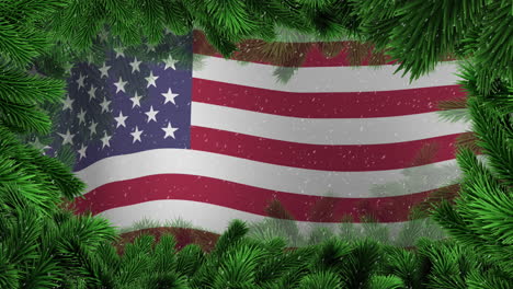 Animation-of-christmas-tree-branches-and-flag-of-usa-over-snow-falling-background