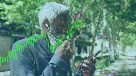 Animation-of-graphs-over-senior-african-american-man-wearing-headphone-and-talking-on-video-call
