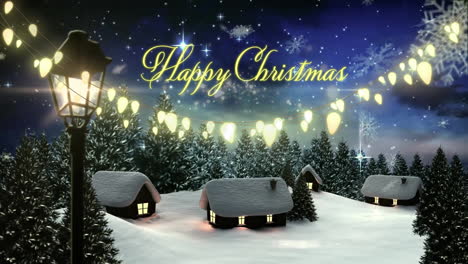 Animation-of-lamp,-lights,-happy-christmas-text,-snowflakes,-snow-covered-house-against-stars-in-sky