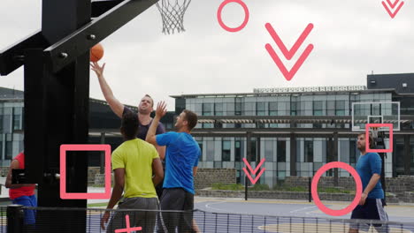 Animation-of-falling-geometric-shapes-over-diverse-friends-playing-basketball