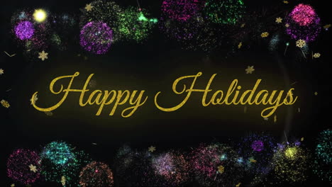 Animation-of-happy-holidays-text-over-fireworks-and-snow-falling-background