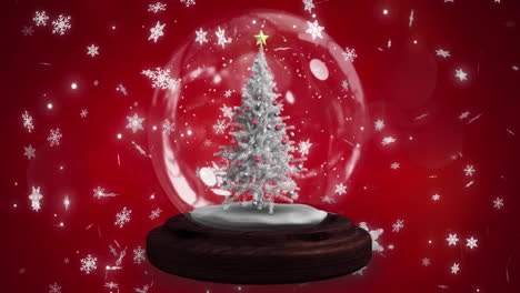 Animation-of-snow-globe-with-christmas-tree-on-red-background