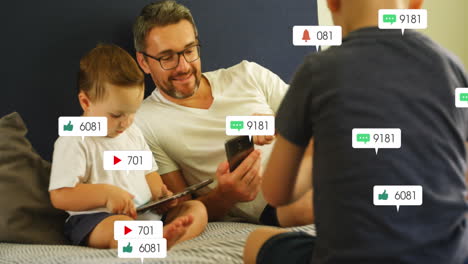 Animation-of-notification-bars-over-caucasian-father-and-sons-using-cellphone-and-digital-tablet