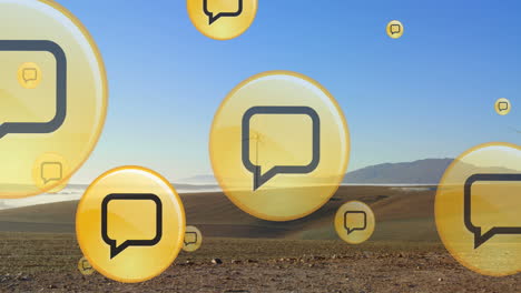 Animation-of-speech-bubble-icons-over-windmills-on-field-against-clear-sky
