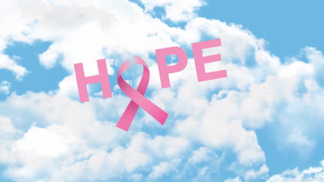 Animation-of-hope-text-with-ribbon-over-cloudy-sky-in-background