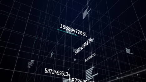 Animation-of-graphs,-changing-numbers-and-letters-with-grid-pattern-over-black-background