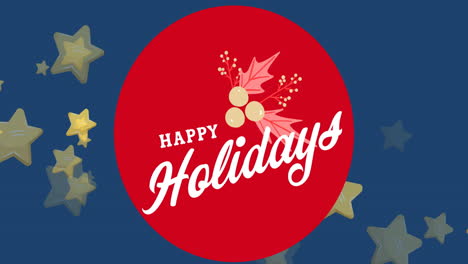 Animation-of-happy-holidays-text-with-cherries-and-leaves-in-circles,-stars-over-blue-background