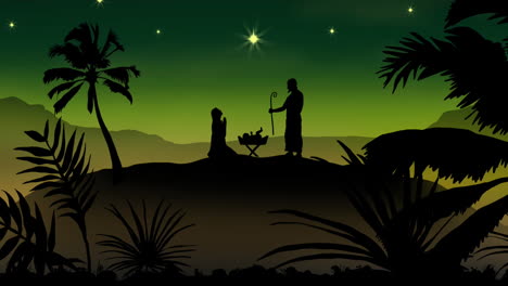 Animation-of-silhouette-of-nativity-scene-on-green-background