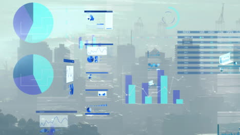 Animation-of-multiple-graphs,-loading-circles-and-trading-board-over-aerial-view-of-modern-buildings