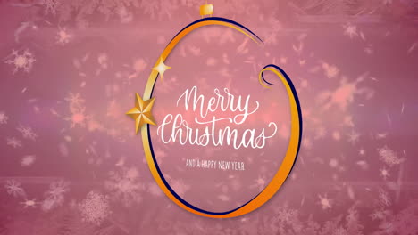 Animation-Von-Frohe-Weihnachten-Und-Einem-Guten-Rutsch-Ins-Neue-Jahr-Text-In-Christbaumkugel,-Schneefall-Auf-Abstraktem-Hintergrund