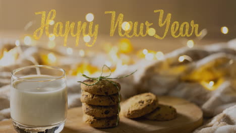 Animation-of-happy-new-year-text-over-glass-of-milk-and-cookies-background