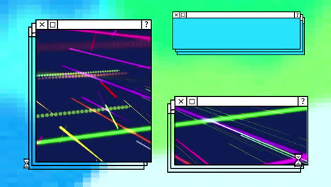 Animation-Von-Linien-über-Mehreren-Computerschnittstellenfenstern-Vor-Einem-Hintergrund-Mit-Farbverlauf