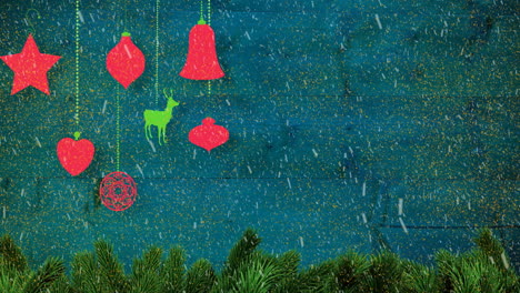 Animation-of-2024-text-with-red-christmas-decorations-and-snow-falling-on-blue-background
