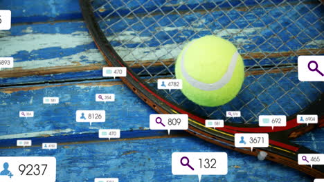 Animation-of-multiple-notification-bars-over-tennis-ball-and-racket-on-wooden-table
