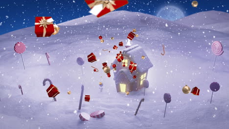 Animation-of-christmas-decorations-falling-over-winter-scenery-background
