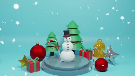 Animation-of-christmas-decorations-over-snow-falling-background