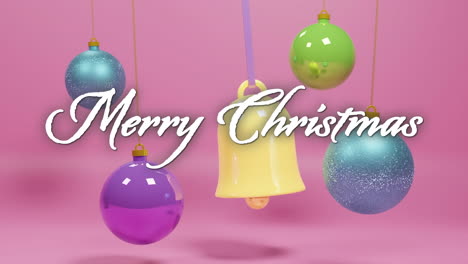 Animation-of-happy-christmas-text-and-christmas-decorations-on-pink-background