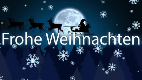 Animation-of-frohe-weihnachten-text-over-snow-falling-and-santa-claus-with-reindeer-background