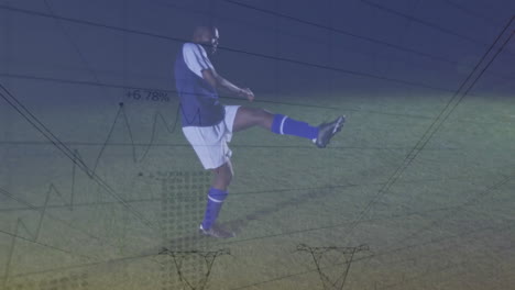 Animation-Von-Graphen-Mit-Wechselnden-Zahlen-über-Einem-Afroamerikanischen-Fußballspieler,-Der-Einen-Ball-Kickt