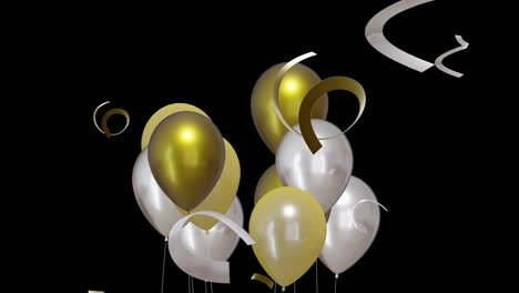 Animation-of-gold-and-silver-balloons-with-party-streamers-on-black-background