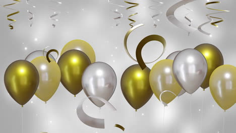 Animation-Von-Goldenen-Und-Silbernen-Luftballons-Mit-Party-Luftschlangen-Auf-Silbernem-Hintergrund