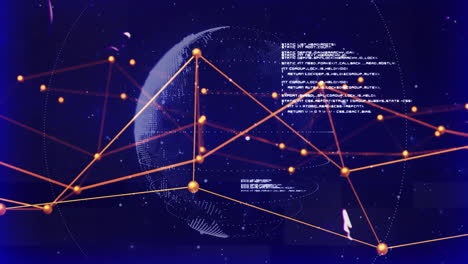 Animation-of-connected-dots-and-computer-language-over-globe-against-black-background