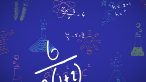 Animation-of-mathematical-equations,-chemistry-and-physics-drawings-over-blue-background
