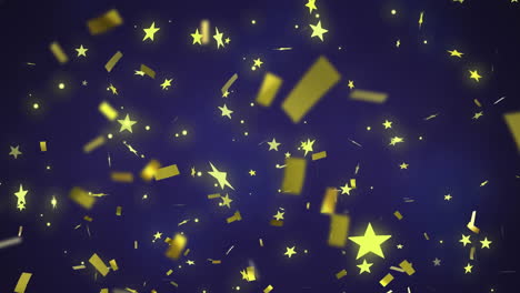 Animation-of-gold-confetti-falling-over-stars-on-blue-background