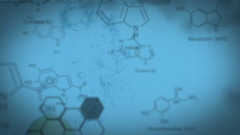 Animation-Von-Molekülstrukturen-über-Einer-Zitrone,-Die-Vor-Blauem-Hintergrund-Ins-Wasser-Fällt
