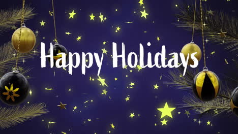 Animation-of-happy-holidays-text-with-baubles-and-stars-on-blue-background