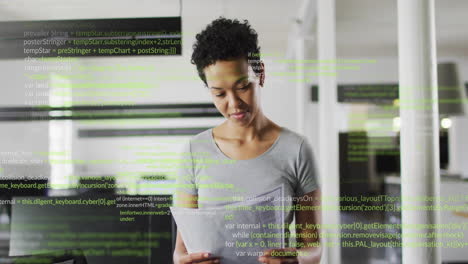 Animation-of-computer-language-over-biracial-woman-standing-and-analyzing-reports-in-office