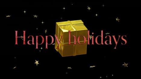 Animation-of-happy-holidays-text-with-gift-box-and-stars-rotating-on-black-background