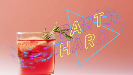 Animation-of-party-hard-neon-text-and-cocktail-on-pink-background