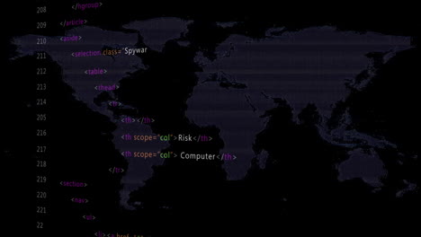 Animation-of-multicolored-computer-language-and-map-over-black-background