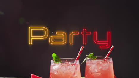 Animation-of-party-neon-text-and-cocktails-on-black-background
