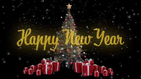 Animation-of-happy-new-year-text-over-christmas-tree-on-black-background